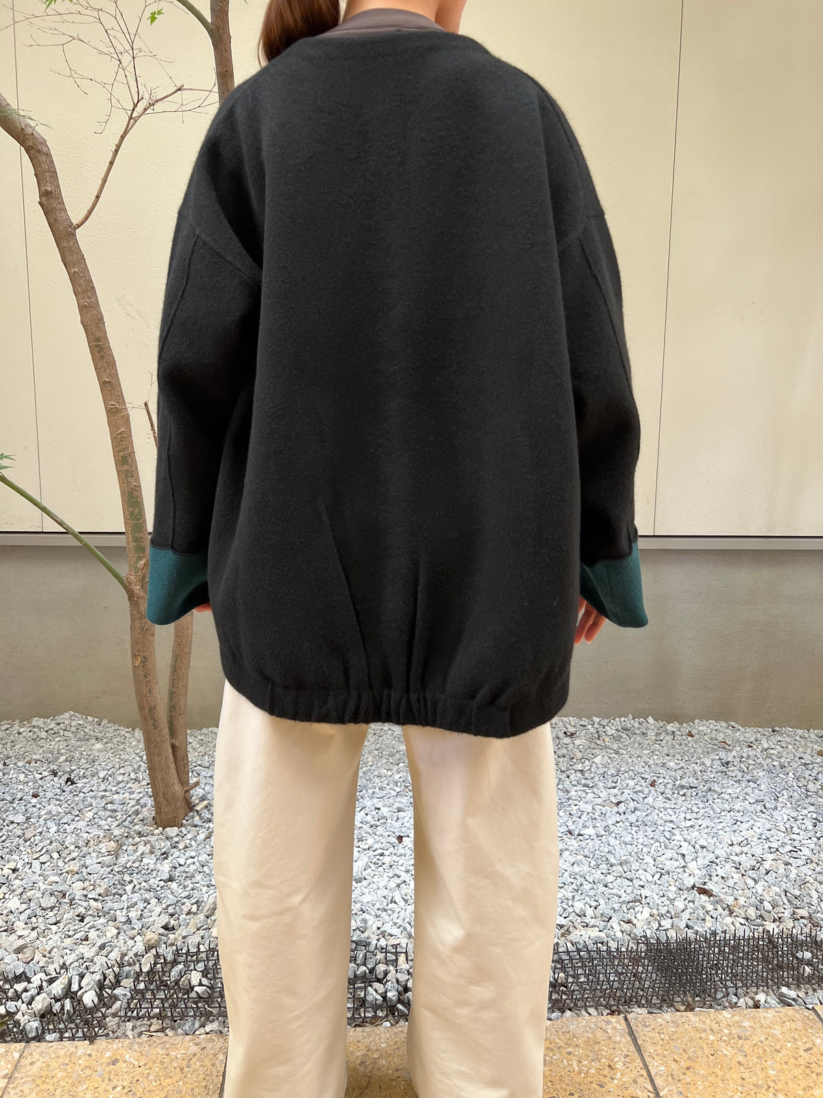 【hunch】カシミヤタッチ配色ノーカラーニットコート
