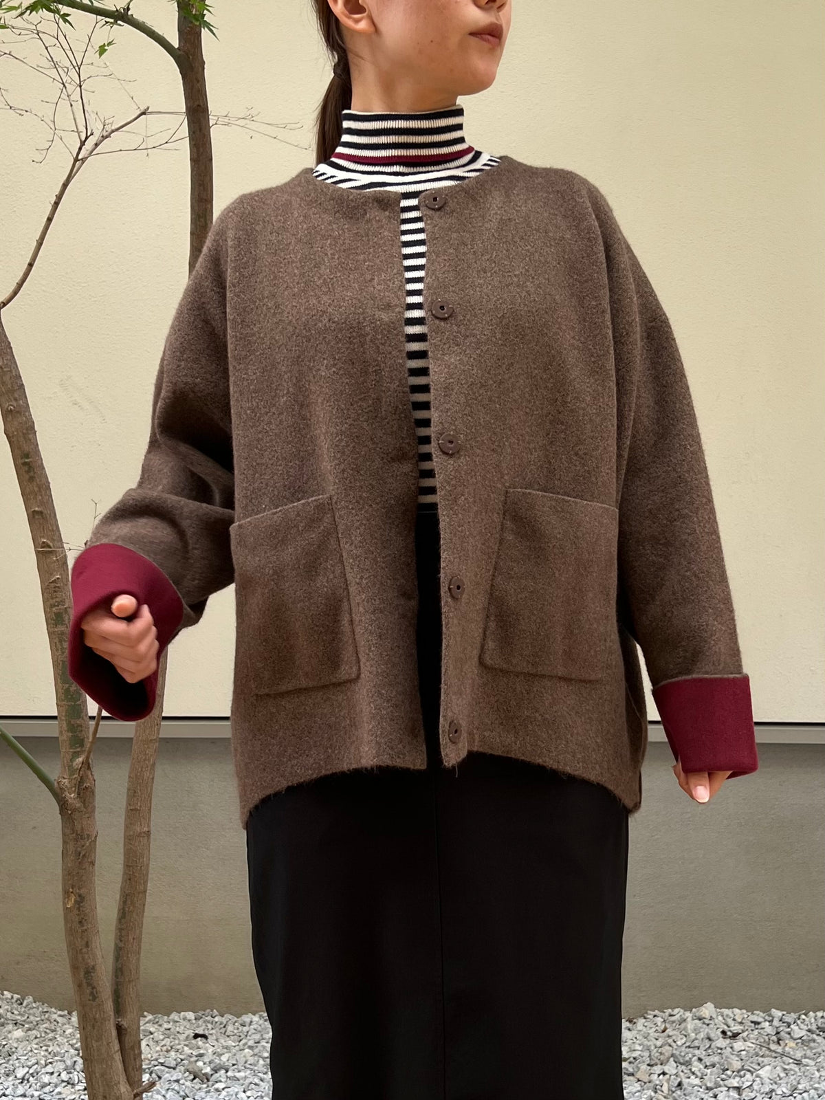 【hunch】カシミヤタッチ配色ノーカラーニットコート