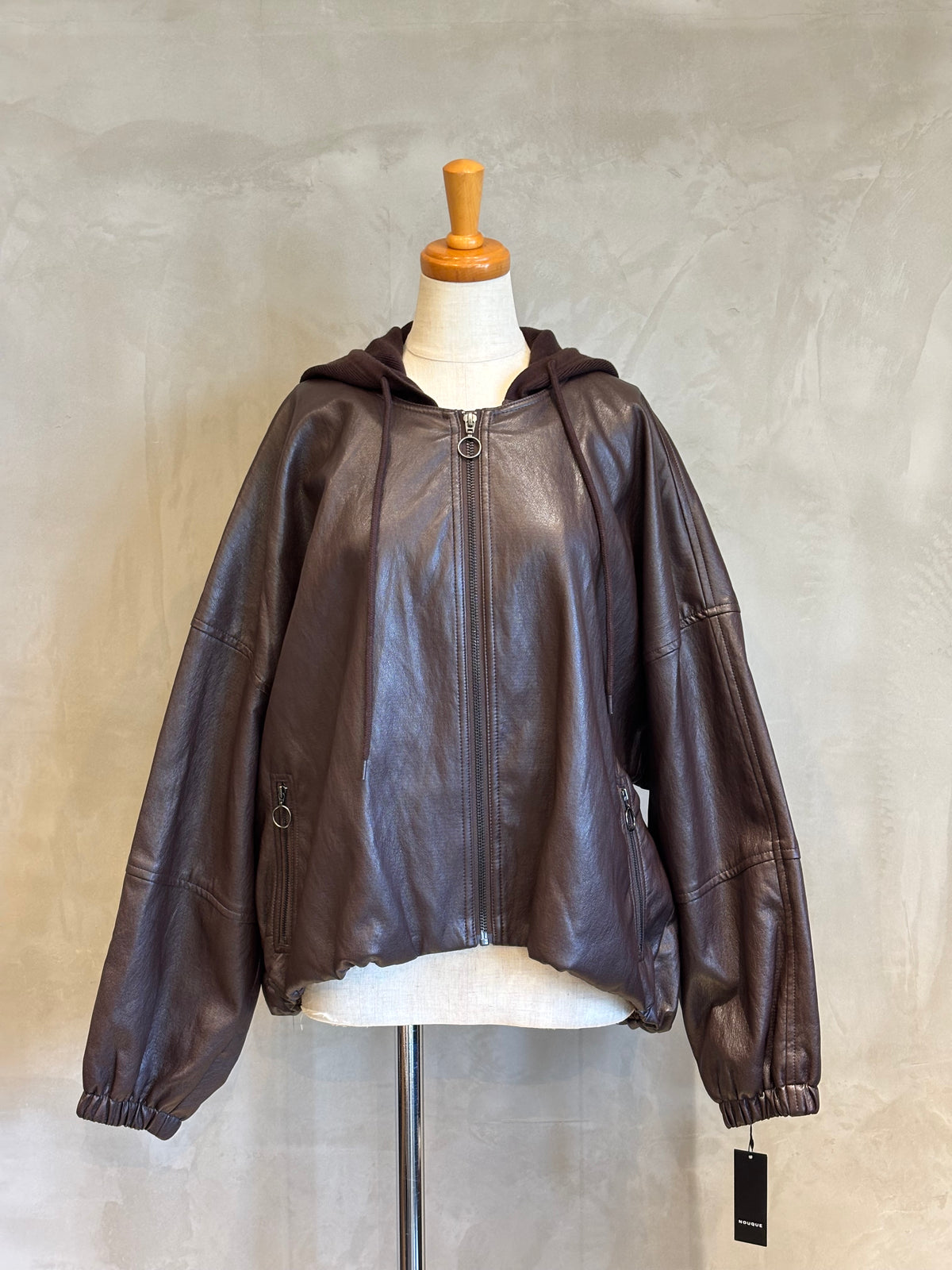 【NOUQUE】フェイクレザーフーディージャケット