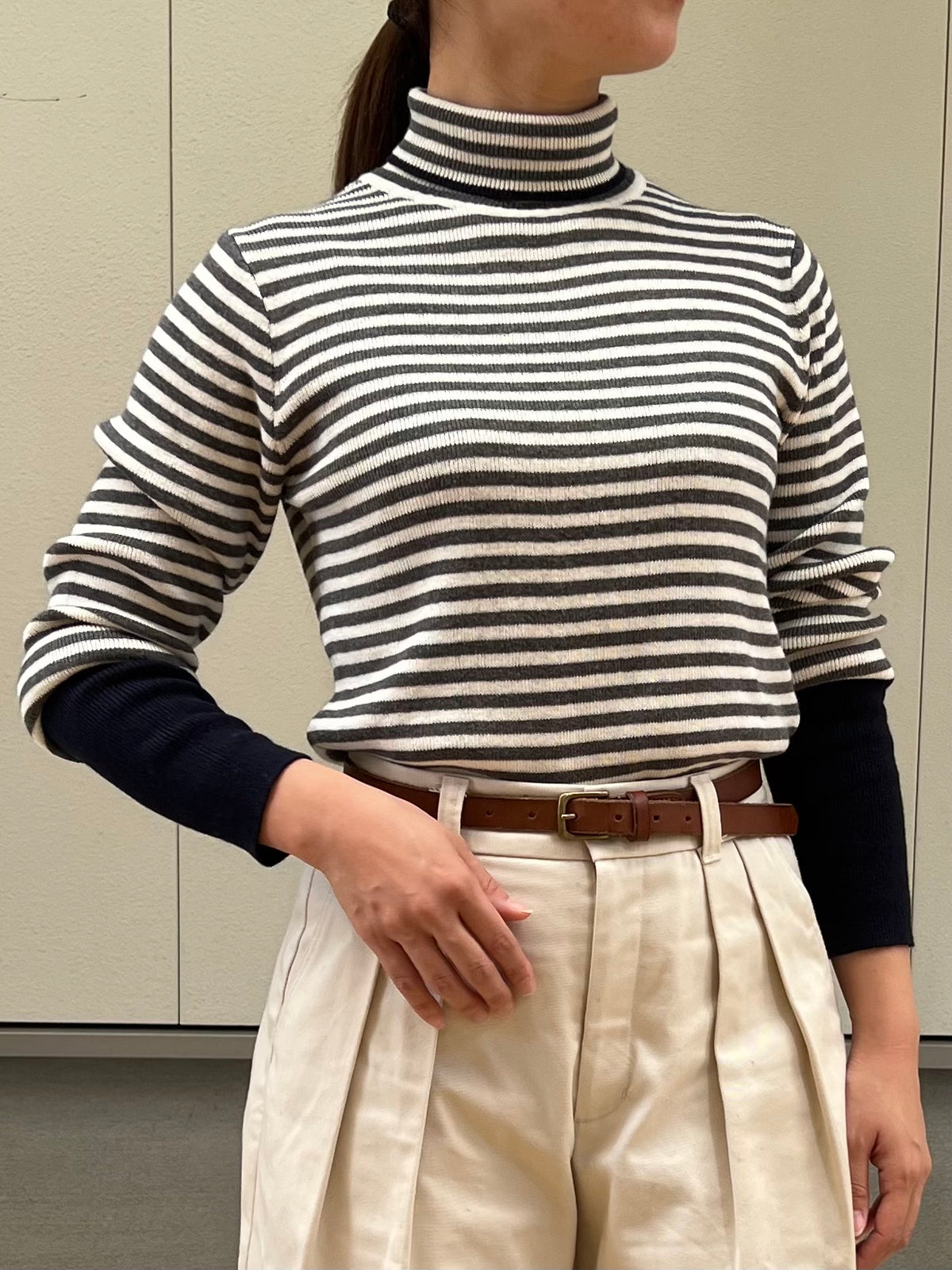【SOSOTTO】コットンカシミア配色ボーダータートルネックプルオーバー