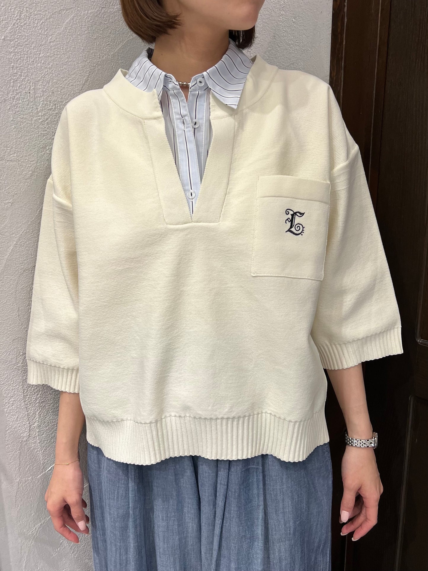 【Eimee Law】シャツレイヤードニットトップス