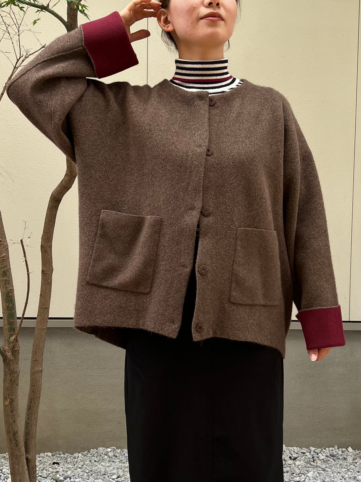【hunch】カシミヤタッチ配色ノーカラーニットコート