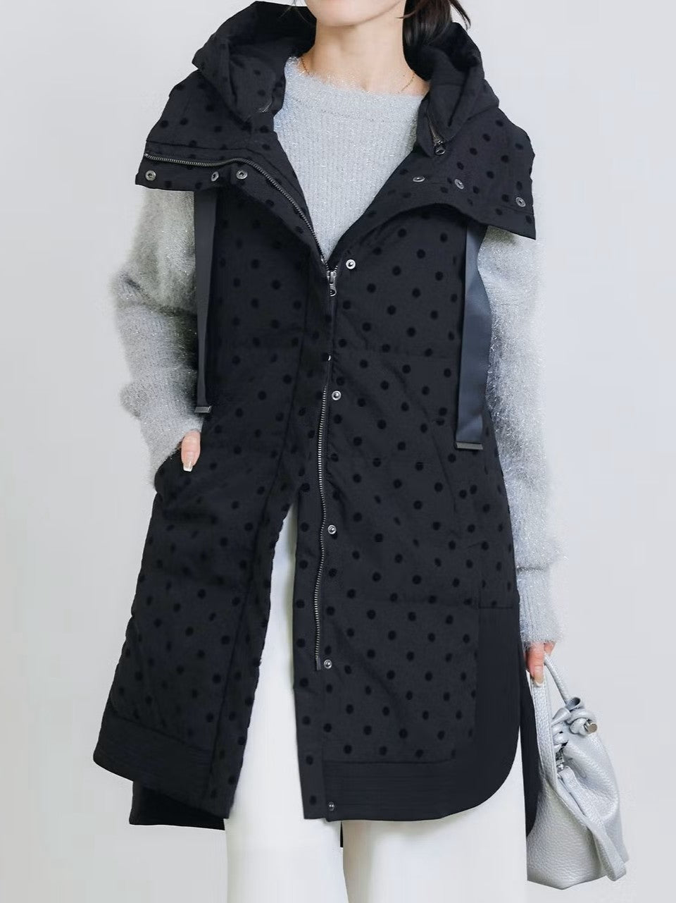 【PICCIN】ダンボール切替フロッキードットロングダウンベスト
