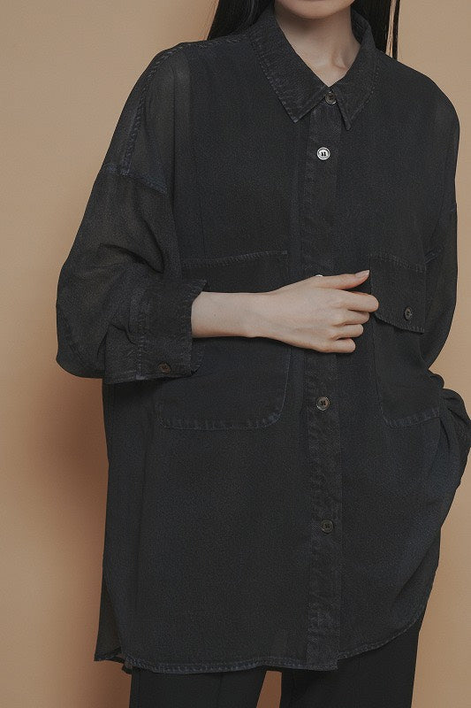 【予約商品】CYAN TOKYO デニム転写シフォンシャツ