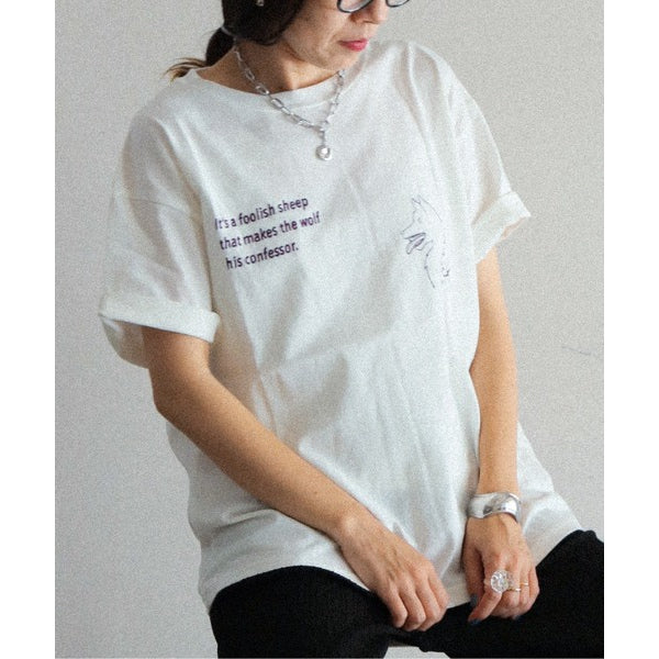 FIL DE FER//ウルフプリント＆刺繍Tシャツ